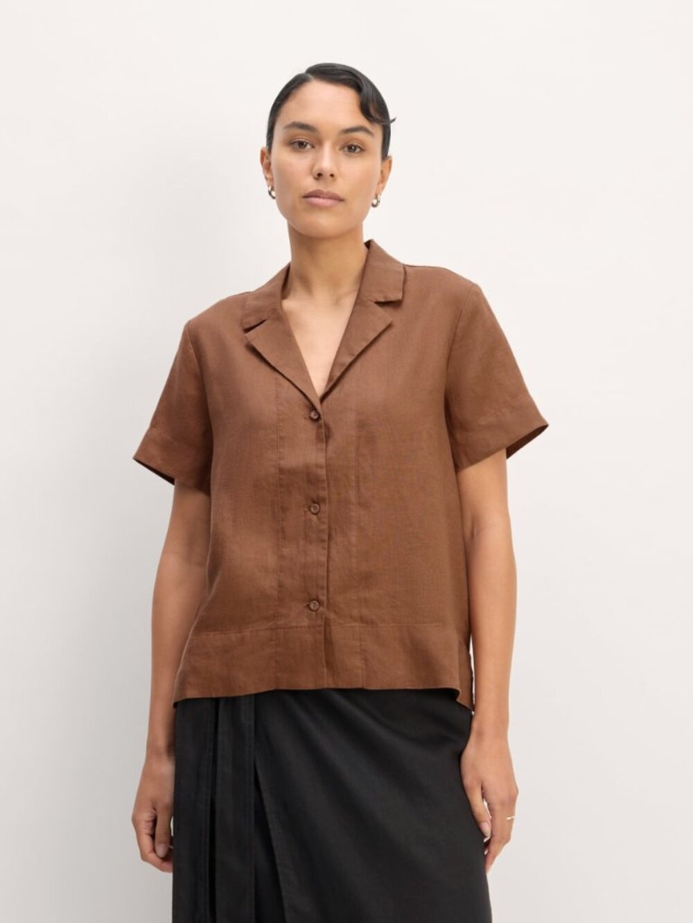 NEW Everlane Womens Brown Linen Short-Sleeve Notch Collar Button-Up Shirt XXL